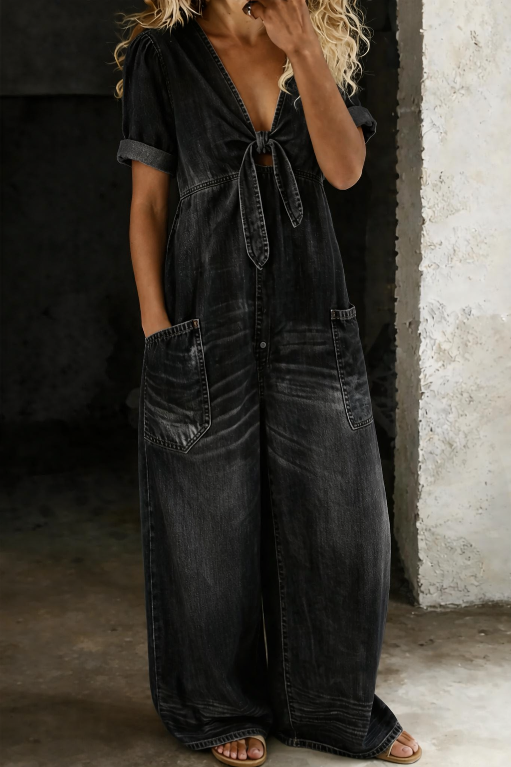 Maya - Relaxed Tie-Front Denim Jumpsuit